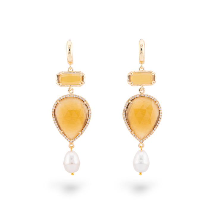 Bronze Stud Earrings With Cat's Eye Element And Drops With Zircons And Mallorca Pearls 20x72mm Mustard Yellow