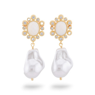 Pendientes De Bronce Con Ojo De Gato Y Gota Mallorca Dorada Blanca