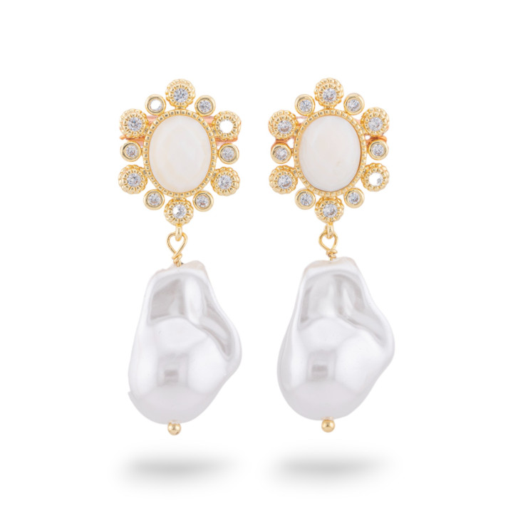 Pendientes De Bronce Con Ojo De Gato Y Gota Mallorca Dorada Blanca