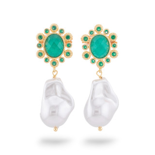 Pendientes De Bronce Con Ojo De Gato Y Gota Mallorca Dorada Verde