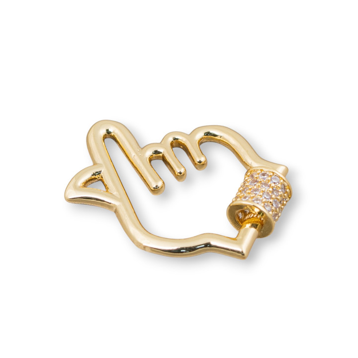 Chiusura Gancio Di Bronzo Con Zirconi Micropave' 3pz Apertura A Vite Dorato Mano 26x28mm