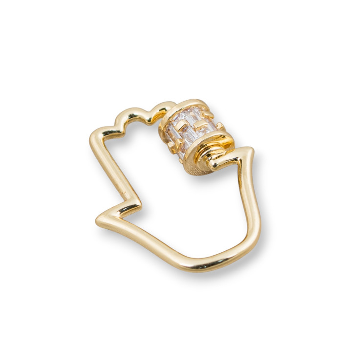 Bronze Hook Closure With Zircons Micropave' 3pcs Golden Screw Opening Hand Of Fatima 22x28mm