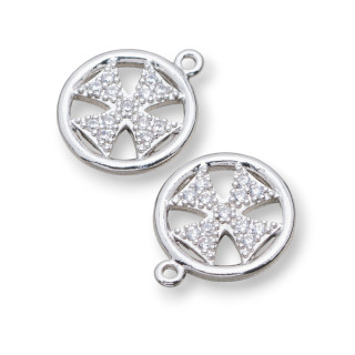 Round Zirconia Bronze Pendant Components 11.5mm 5pcs Rhodium Plated