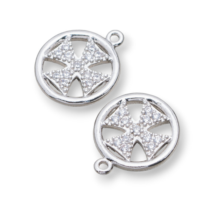 Round Zirconia Bronze Pendant Components 11.5mm 5pcs Rhodium Plated