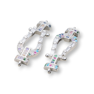 Connettore Componente Di Bronzo Con Zirconi Multicolor A 2 Anellini 10x30mm 5pz Rodiato