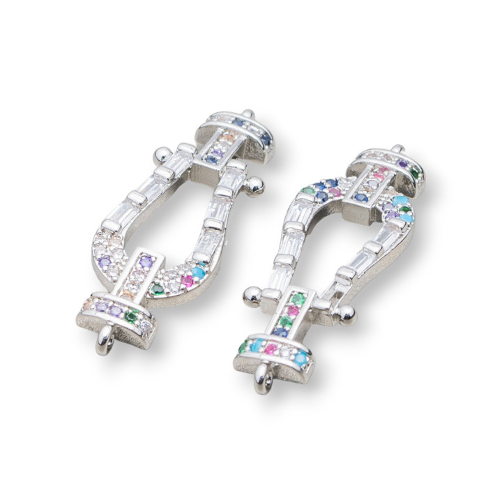 Connecteur Composant Bronze Avec Zircons Multicolores Avec 2 Anneaux 10x30mm 5pcs Plaqué Rhodium