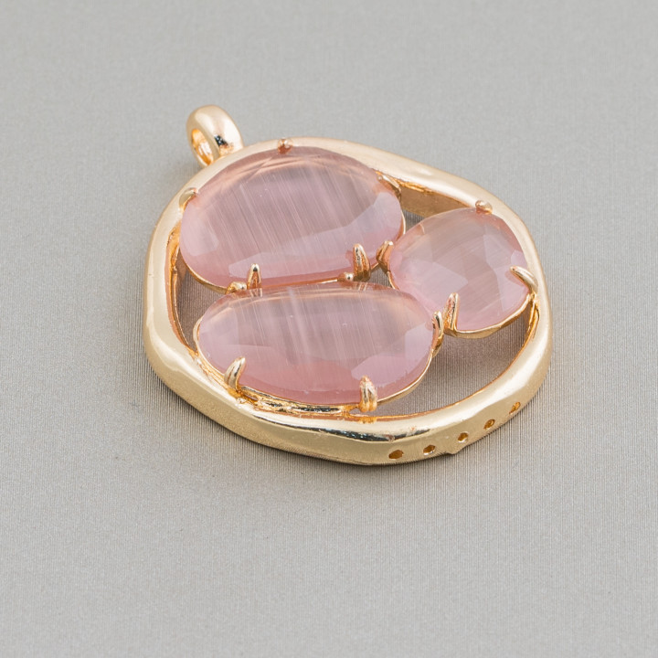 Brass Component Connector With Cat's Eye To 3 Stones 32x41mm 4pcs Golden Powder