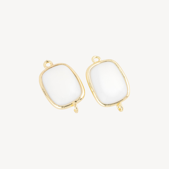 Connector Brass Component With Cat's Eye Rectangle Smooth 14x17mm With 2 Jump Rings 10pcs Gold White Agate