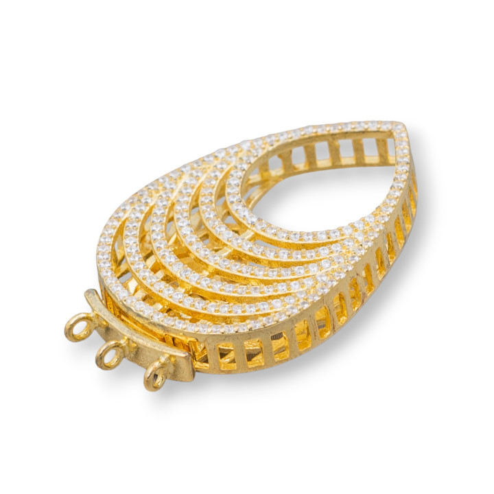 Chiusura Di Argento 925 Con Zirconi Micropave Multifilo Goccia 22x32mm 1pz Dorato