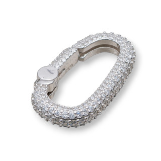 925 Silver Snap Hook Clasp With Micropave' Oval Zirconia 16x27mm 1pc Rhodium Plated