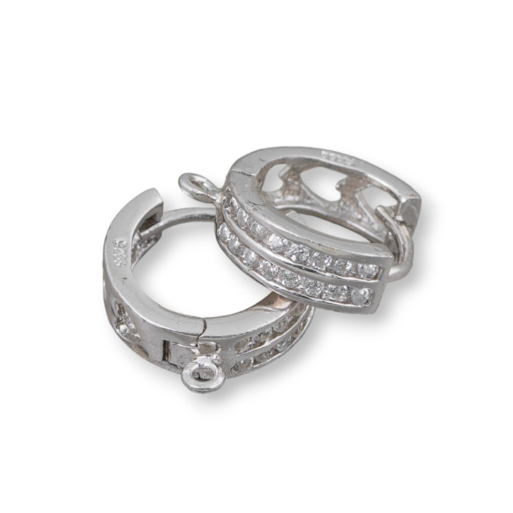 Boucles d'Oreilles Argent Massif 925 Base Avec Zircons Fermé Broche Cercle 2 Rangs 14x5mm 2 Paires Rhodié