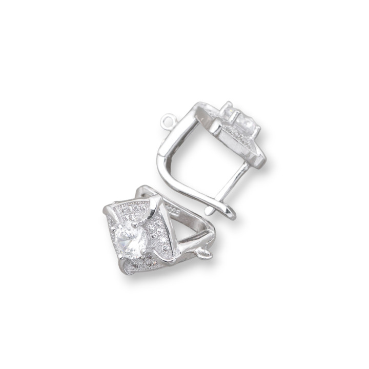 925 Silver Earring Base With Zircons Closed Pin Rhombus 12x15mm 1 Pair Rhodium Plated