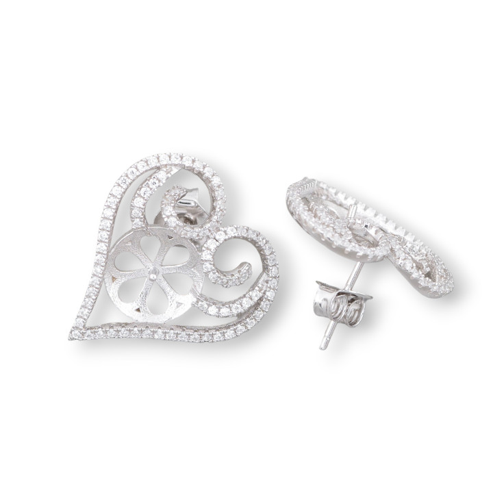 925 Silver Earring Base With Zircons Heart Pin 20mm 1 Pair Rhodium Plated