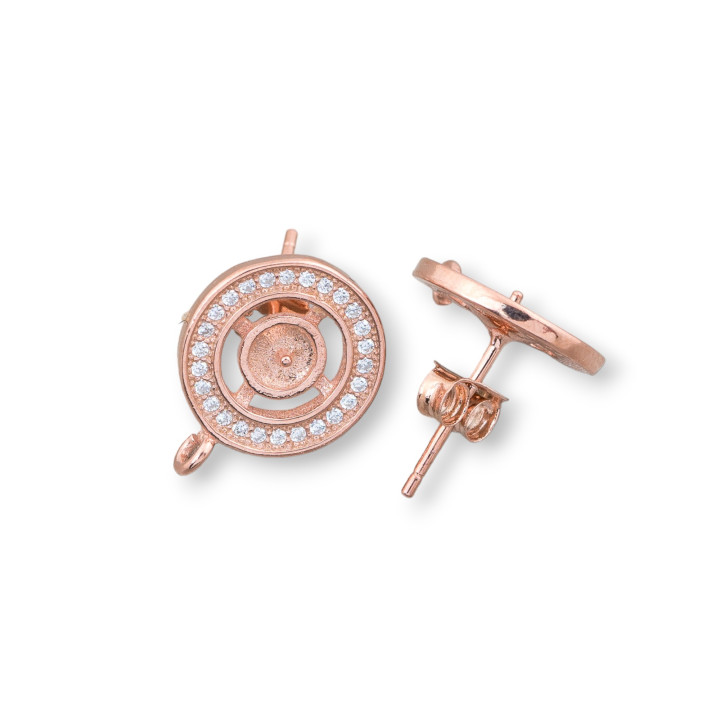 Base Pour Boucles D'oreilles En Argent 925 Avec Zircons Ronds 13,5mm 2 Paires Or Rose
