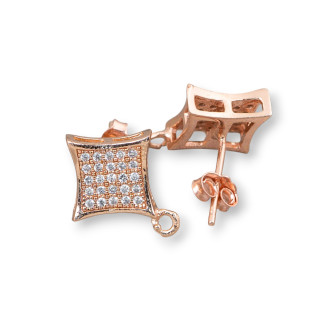 Base Para Pendientes De Plata 925 Con Circonitas Rombo Stud 13mm 2 Pares Oro Rosa