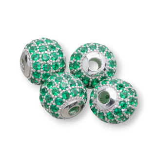 Distanziatore Di Argento 925 Palline Zirconate 6mm 8pz Rodiato Smeraldo Verde