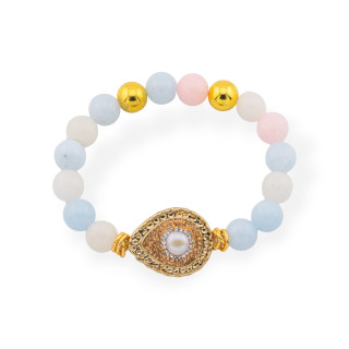 Elastisches Armband aus Halbedelsteinen 10 mm und goldenem Markasit-Jade-Beryll-Tropfen