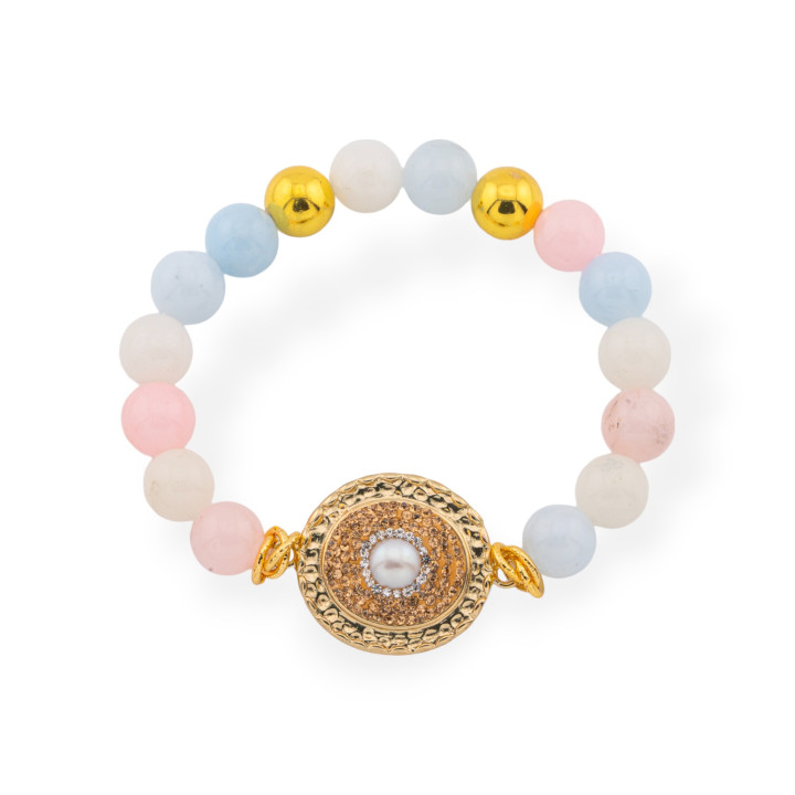 Pulsera Elástica De Piedras Semipreciosas Y Marcasitas Redondas Jade Berilo Central 10mm