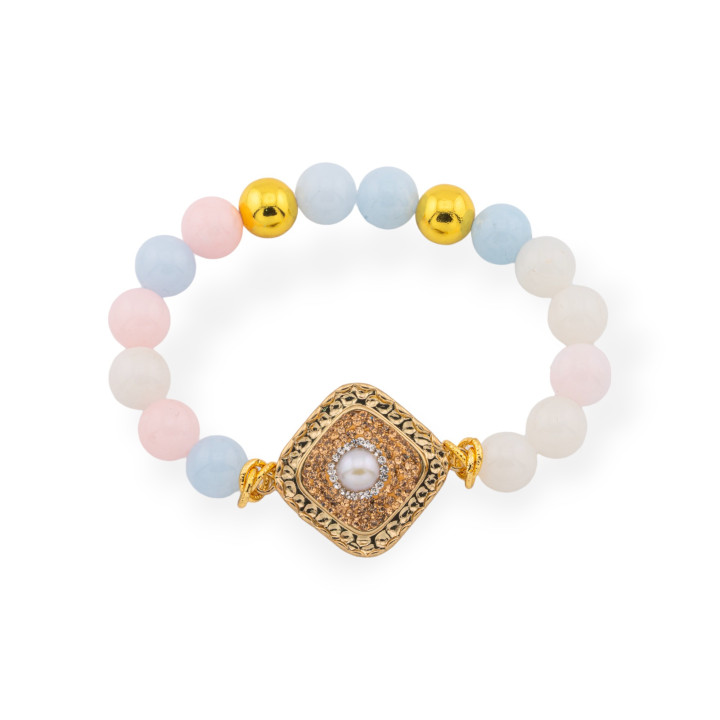 Pulsera Elástica De Piedras Semipreciosas 10mm Y Marcasita Central Jade Berrillo Rombo