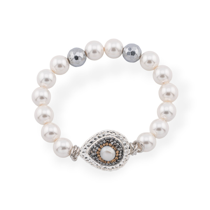 Bracelet Élastique De Pierres Semi-précieuses De 10mm Et Perles De Majorque En Marcassite Centrale Goutte