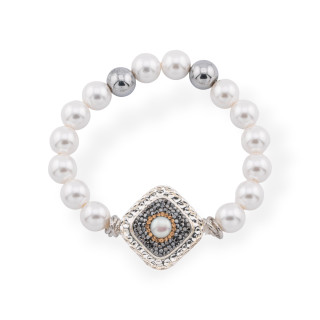 Elastisches Armband aus 10 mm großen Halbedelsteinen und zentralen Markasitperlen aus Mallorca-Rhombus
