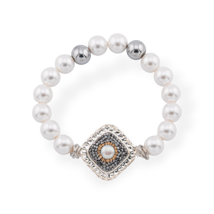 Pulsera Elástica De Piedras Semipreciosas Y Marcasitas Centrales Perlas De Mallorca Rombo 10mm