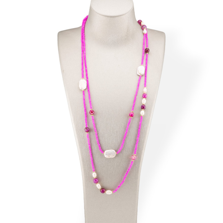 Κολιέ Bijoux Charleston Από CZ Crystals με ημιπολύτιμες πέτρες και μαργαριτάρια ποταμού με αιματίτη 160cm φούξια