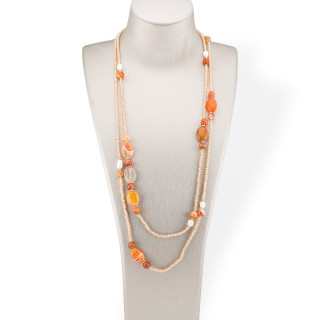 Bijoux Charleston Collier de cristaux CZ avec pierres semi-précieuses et perles de rivière avec hématite 160 cm MOD42 Orange