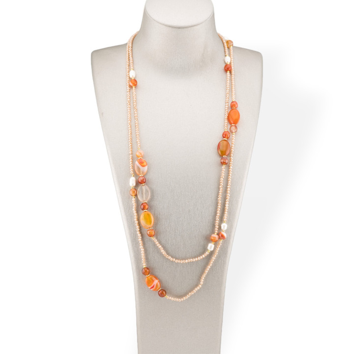 Bijoux Charleston Collier de cristaux CZ avec pierres semi-précieuses et perles de rivière avec hématite 160 cm MOD42 Orange