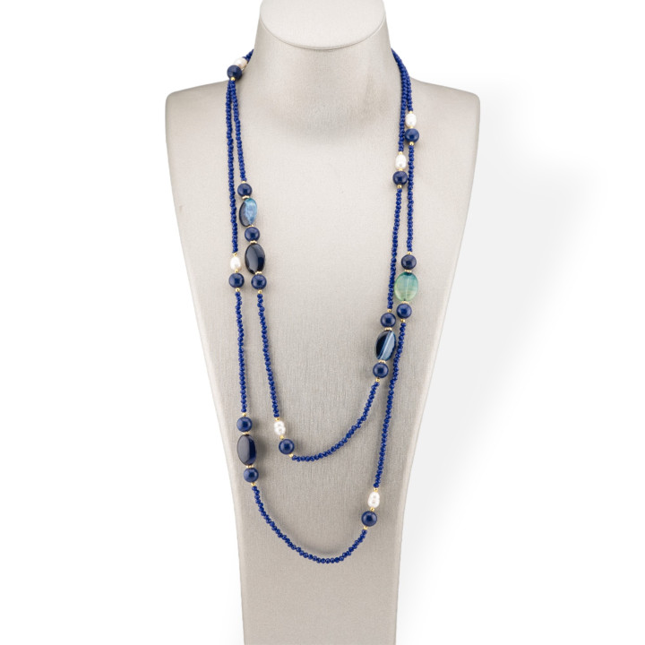 Charlestone Bijoux Necklace Of CZ Crystals With Hard Stones And River Pearls With Hematite 160cm MOD42 Blue