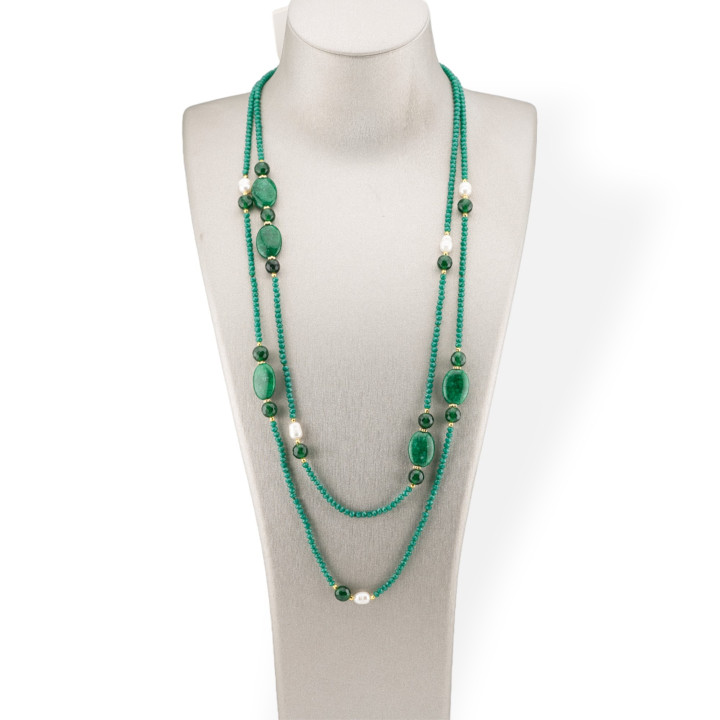 Bijoux Charleston Collier de cristaux CZ avec pierres semi-précieuses et perles de rivière avec hématite 160 cm MOD42 vert émera
