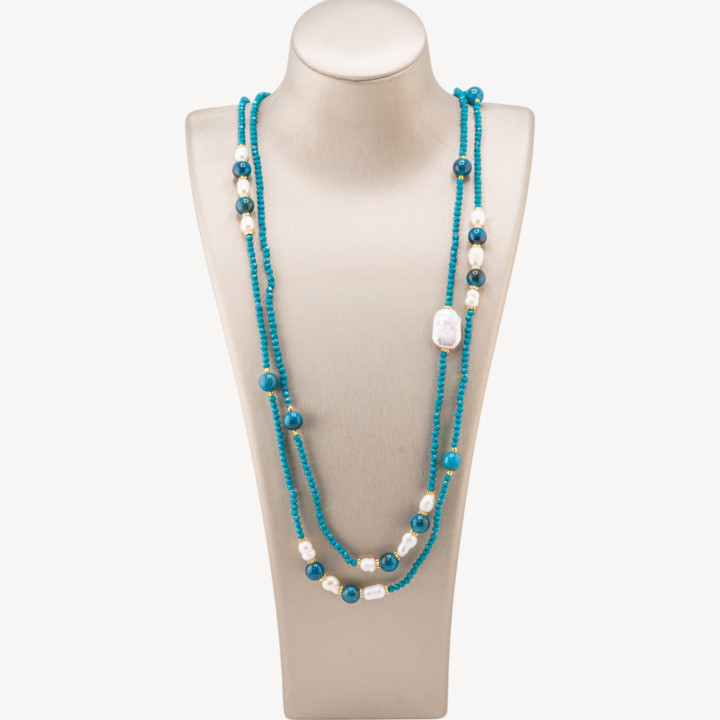 Charlestone Bijoux Necklace Of CZ Crystals With Hard Stones And River Pearls With Hematite 160cm Teal