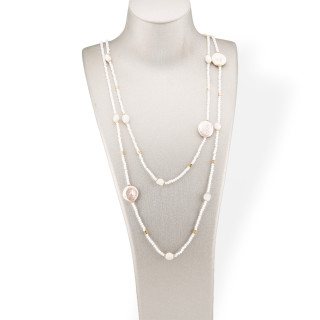 Charlestone Bijoux Necklace Of Hard Stones Flat Baroque River Pearls, Hematite And Crystals 160cm White