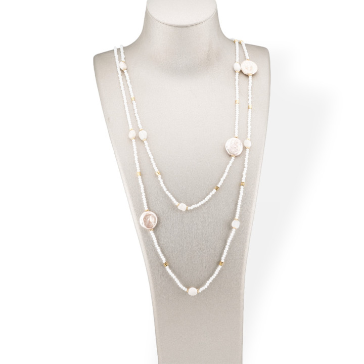 Collana Bijoux Charlestone Di Pietre Dure Perle Di Fiume Barocche Piatte, Ematite E Cristalli 160cm Bianco