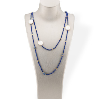 Bijoux Collar Charleston de Piedras Semipreciosas Planas Perlas de Río Barrocas, Hematites y Cristales 160cm Azul Oscuro