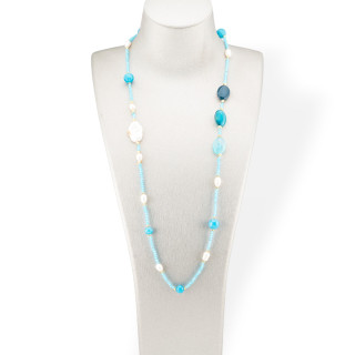 Bijoux Collar De Cristales CZ Con Piedras Semipreciosas Y Perlas De Río Barrocas Planas Con Hematita 90cm Azul Claro