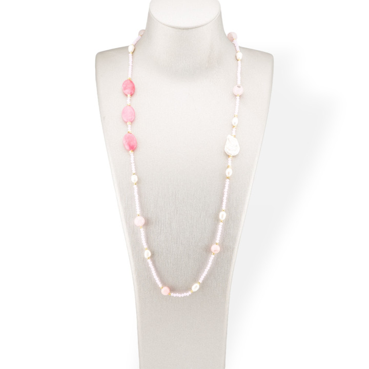 Collana Bijoux Di Cristalli CZ Con Pietre Dure E Perle Di Fiume Barocche Piatte Con Ematite 90cm Rosa