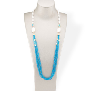 Bijoux-Halskette aus mallorquinischen Perlen und CZ-Kristallen mit barocken Flussperlen, 90 cm, Hellblau