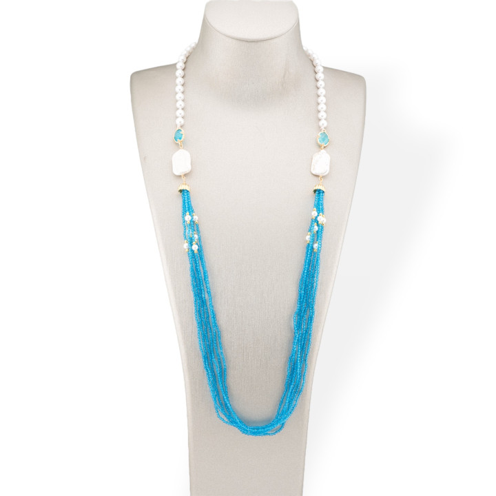 Bijoux Collier de perles de Majorque et cristaux CZ avec perles de rivière baroques 90 cm bleu clair