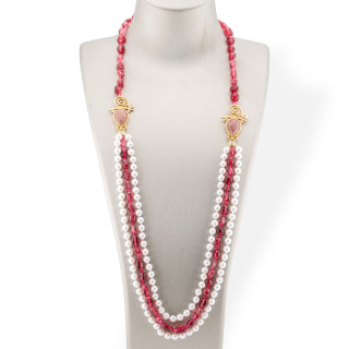 Bijoux Collier de Pierres Semi-précieuses Roulées avec Perle de Majorque et Centre de Table en Bronze 90 cm Rubis Cristal de Roc