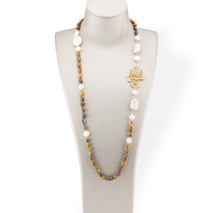 Bijoux Collar de Piedras Duras Rodadas con Perlas Barrocas de Río y Bronce Central y Ojo de Gato 90cm Ojo de Tigre