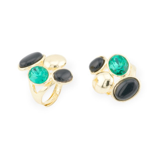 Bronze Ring With Cat's Eye And CZ Crystals 3 Stones 24x32mm Adjustable Size Gold Black Green