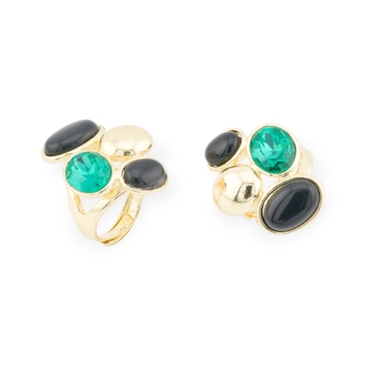 Bronze Ring With Cat's Eye And CZ Crystals 3 Stones 24x32mm Adjustable Size Gold Black Green