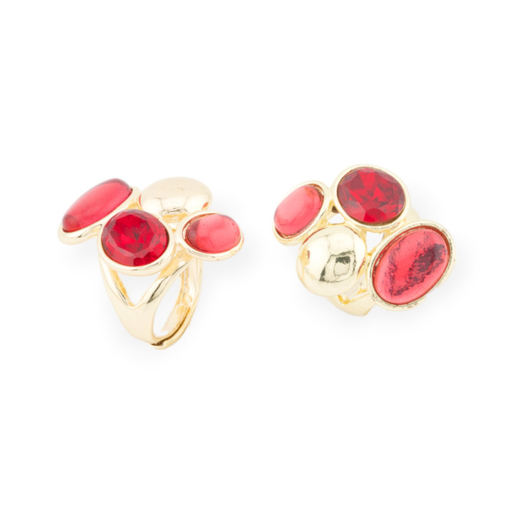 Bronzering mit Katzenauge und CZ-Kristallen, 3 Steine, 24 x 32 mm, verstellbare Größe, Rotgold