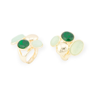 Bronze Ring With Cat's Eye And CZ Crystals 3 Stones 24x32mm Adjustable Size Gold Green And Aqua