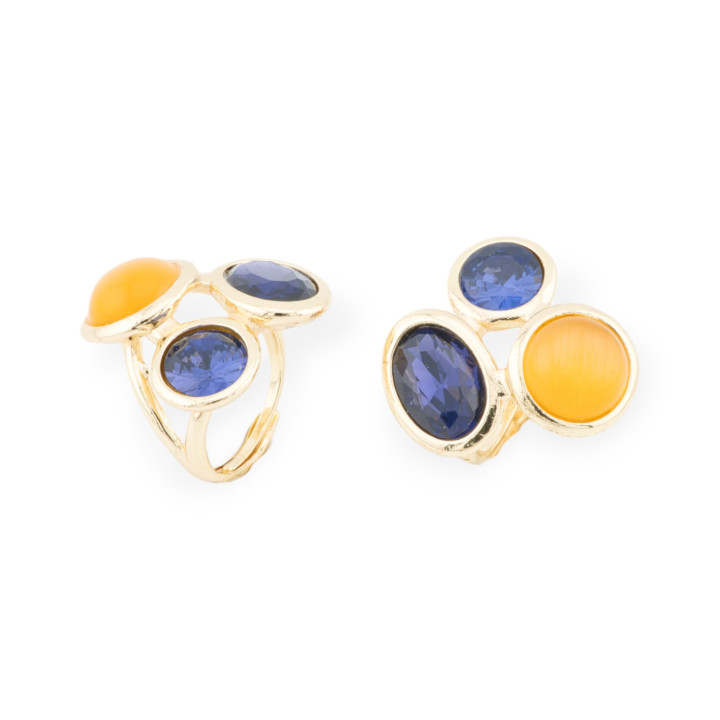 Anillo De Bronce Con Ojo De Gato Y Cristales CZ 3 Piedras 28x29mm Tamaño Ajustable Dorado Azul Amarillo