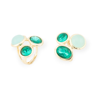 Bronze Ring With Cat's Eye And CZ Crystals 3 Stones 28x29mm Adjustable Size Gold Aqua Green