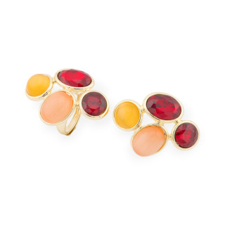 Bague Bronze Oeil de Chat Et Cristaux CZ 4 Pierres 27x35mm Taille Ajustable Doré Rouge Jaune Pêche