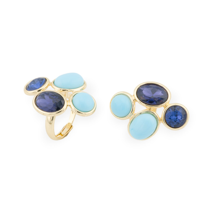 Bague Bronze Avec Oeil De Chat Et Cristaux CZ 4 Pierres 27x35mm Taille Ajustable Doré Bleu Turquoise