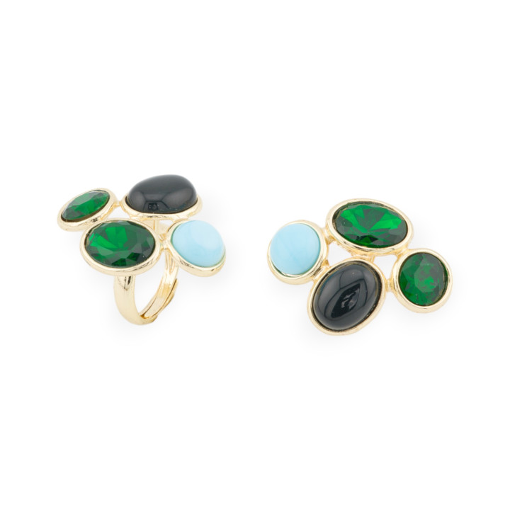 Bronze Ring With Cat's Eye And CZ Crystals 4 Stones 27x35mm Adjustable Size Gold Green Black Turquoise